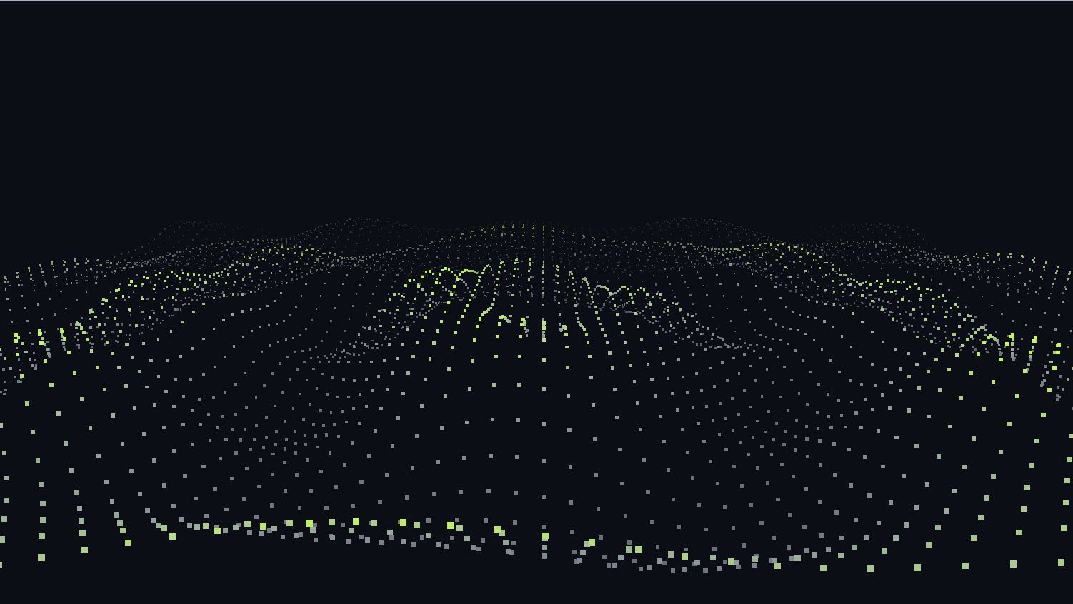 Una rejilla de puntos verdes sobre fondo negro que forma ondas, como el suelo de una sala cuando suena un bajo.